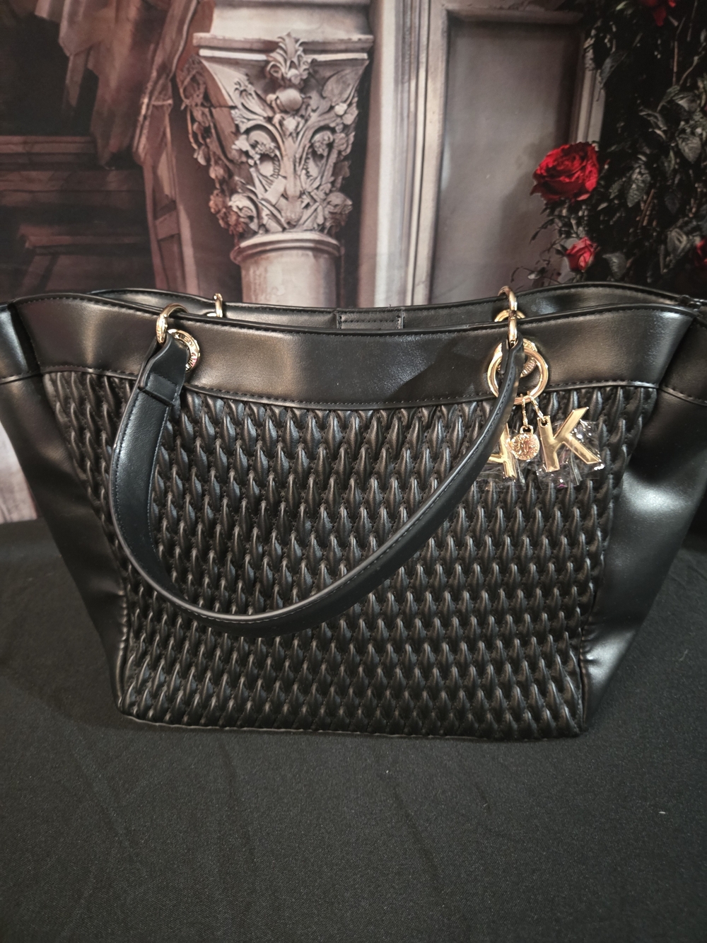 Anne Klein Black Woven Leather Shoulder Tote with Gold Accents
